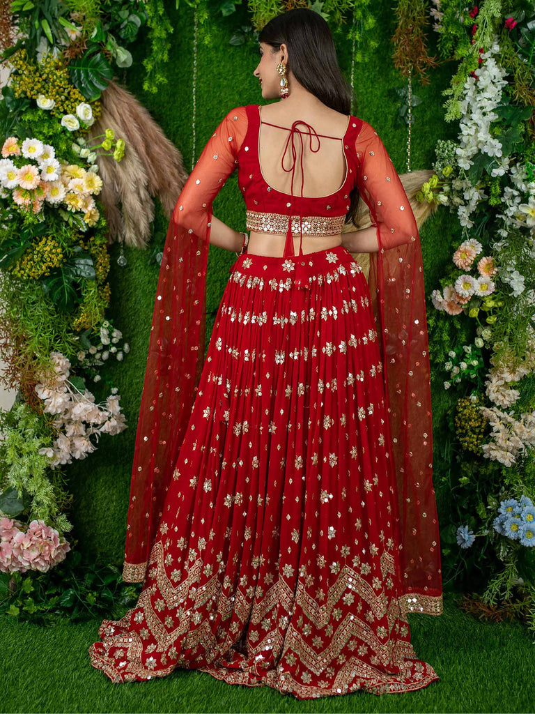 Alluring Red Sequins Georgette Lehenga Choli With Attached Dupatta