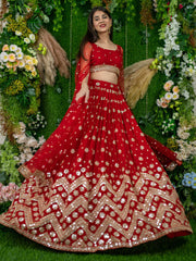 Alluring Red Sequins Georgette Lehenga Choli With Attached Dupatta