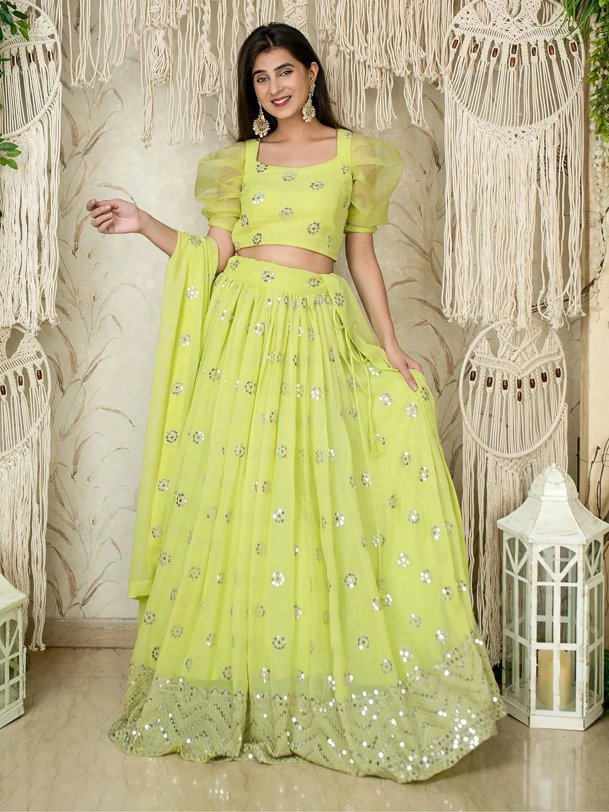 Glamorous Lime Green Sequins Georgette Wedding Wear Lehenga Choli
