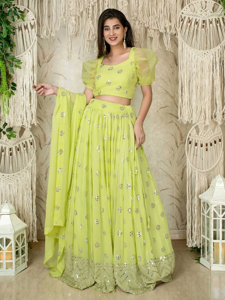 Glamorous Lime Green Sequins Georgette Wedding Wear Lehenga Choli