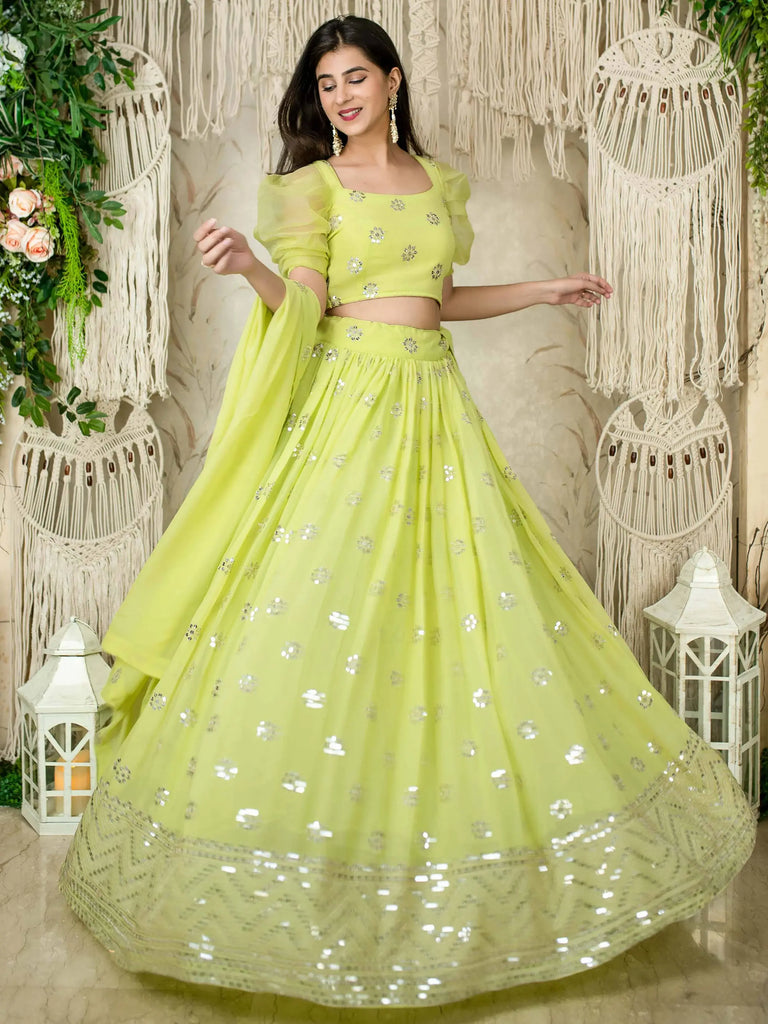 Glamorous Lime Green Sequins Georgette Wedding Wear Lehenga Choli