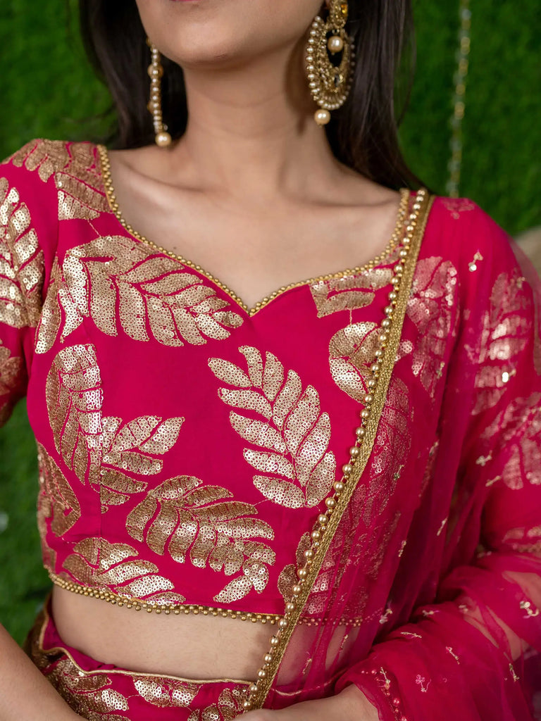Astonishing Pink Zari Embroidered Georgette Lehenga Choli With Dupatta