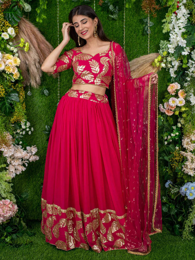 Astonishing Pink Zari Embroidered Georgette Lehenga Choli With Dupatta