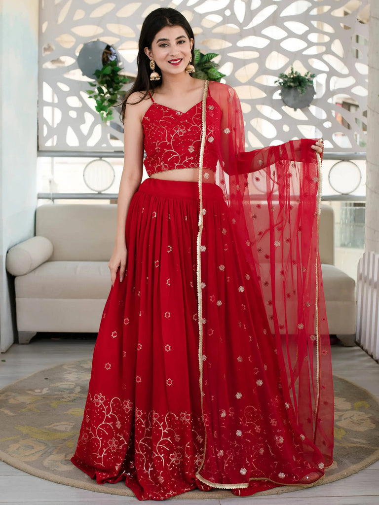 Awesome Red Embroidered Georgette Reception Wear Lehenga Choli