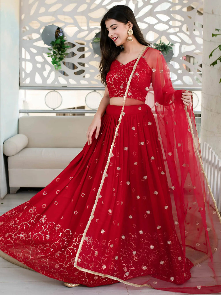 Awesome Red Embroidered Georgette Reception Wear Lehenga Choli
