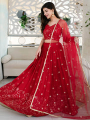 Awesome Red Embroidered Georgette Reception Wear Lehenga Choli