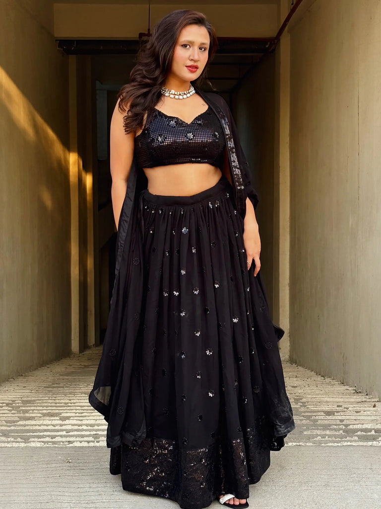 Wonderful Black Sequins Georgette Reception Wear Lehenga Choli