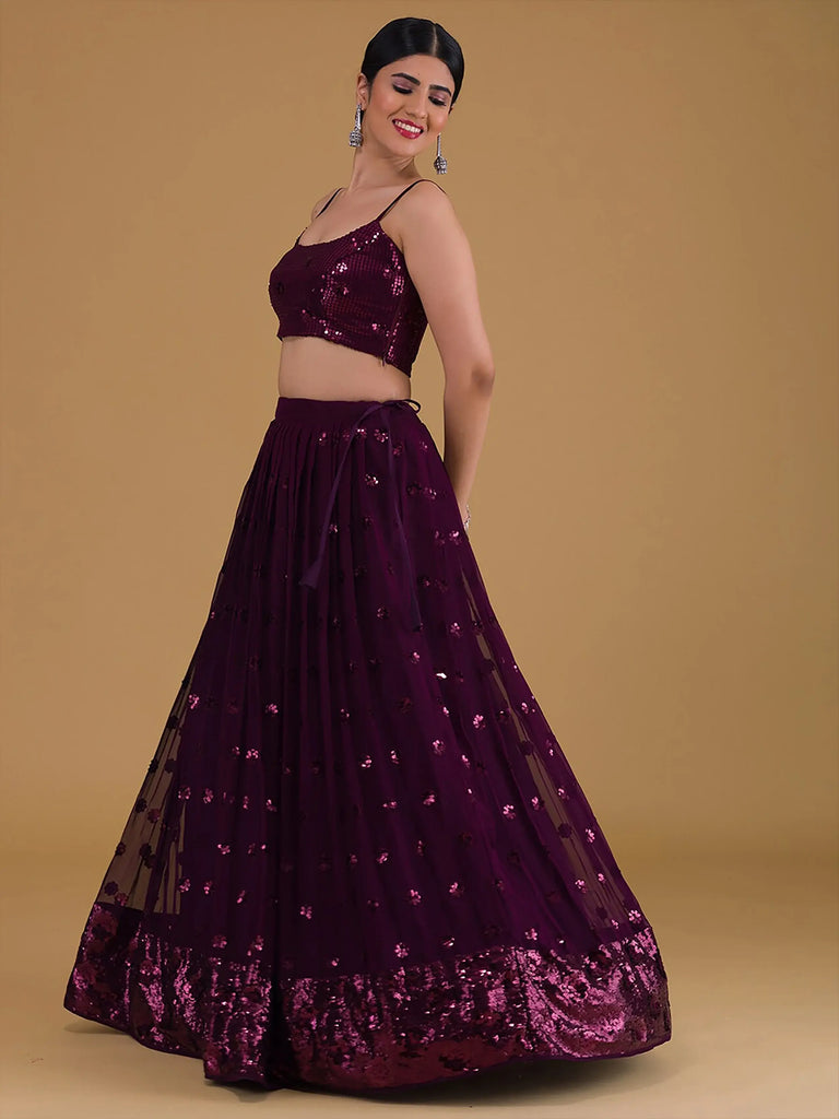 Awesome Purple Sequins Georgette Sangeet Wear Lehenga Choli