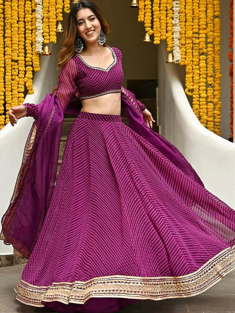 Sweet Purple Leheriya Printed Georgette Wedding Wear Lehenga Choli