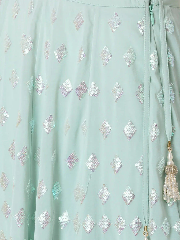 Fabulous Sky-Blue Embroidered Georgette Reception Wear Lehenga Choli