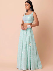 Fabulous Sky-Blue Embroidered Georgette Reception Wear Lehenga Choli