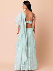 Fabulous Sky-Blue Embroidered Georgette Reception Wear Lehenga Choli