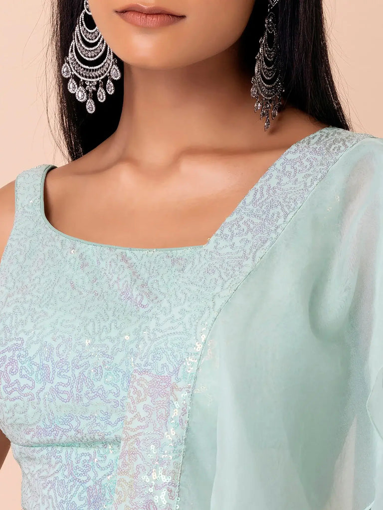 Fabulous Sky-Blue Embroidered Georgette Reception Wear Lehenga Choli