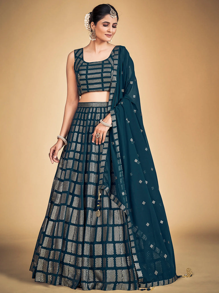 Memorable Teal Blue Embroidered Georgette Wedding Lehenga Choli