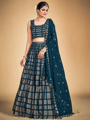 Memorable Teal Blue Embroidered Georgette Wedding Lehenga Choli