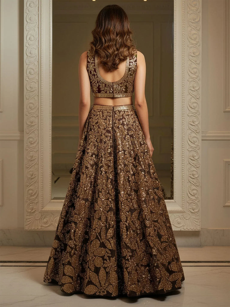 Mesmerizing Brown Sequins Net Reception Wear Plus Size Lehenga Choli