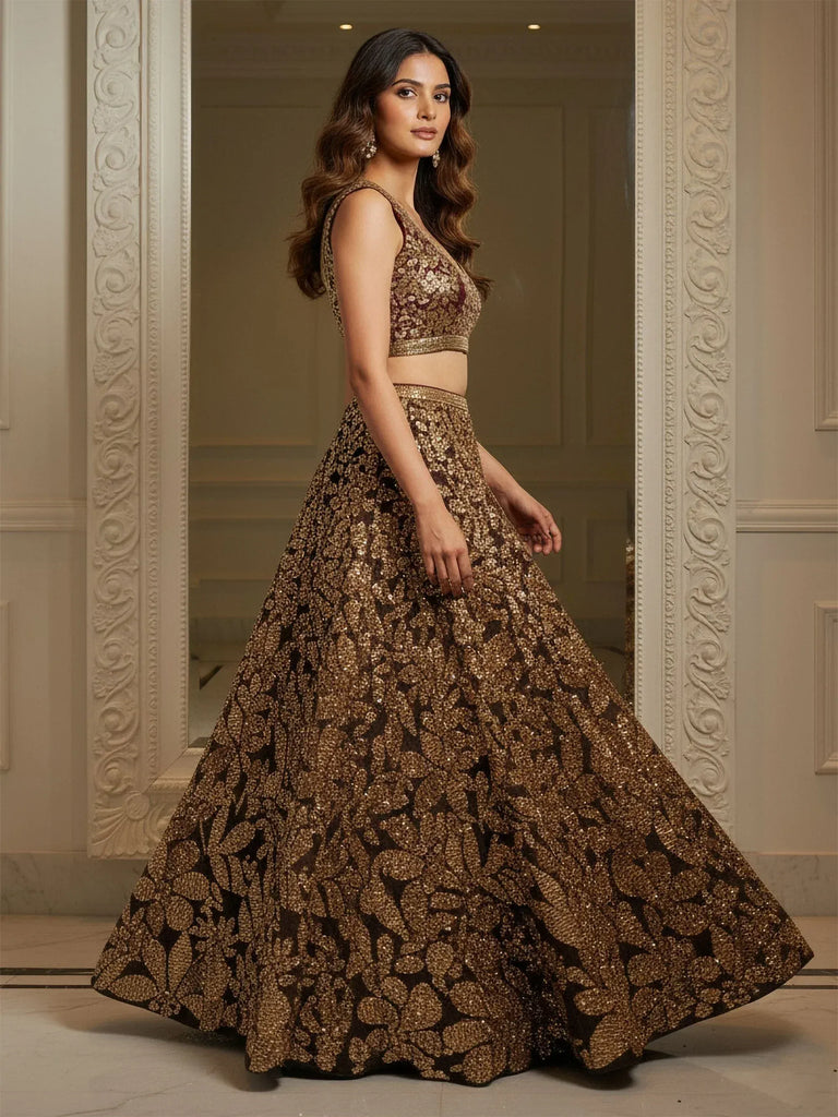 Mesmerizing Brown Sequins Net Reception Wear Plus Size Lehenga Choli