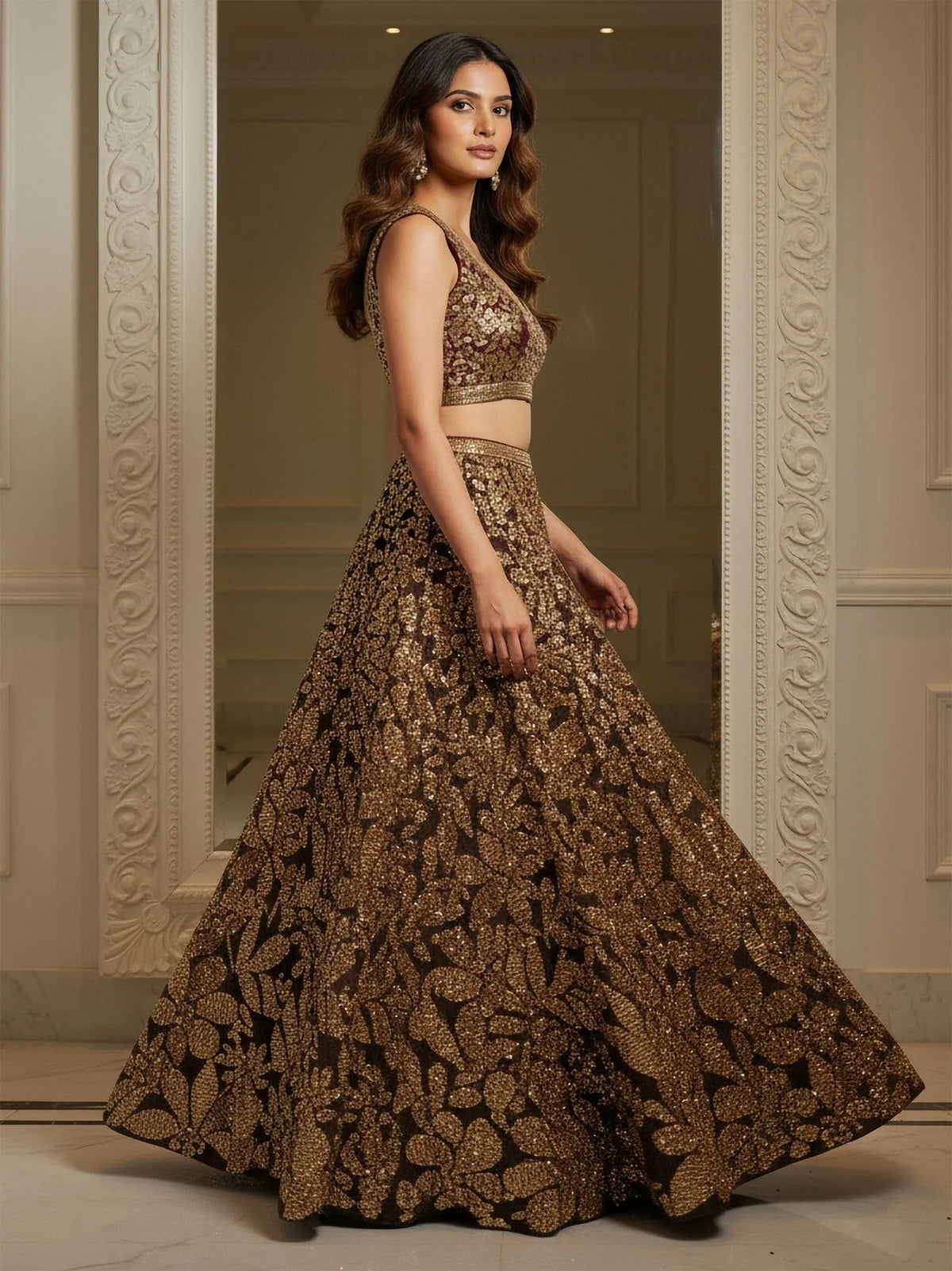 Mesmerizing Brown Sequins Net Reception Wear Plus Size Lehenga Choli