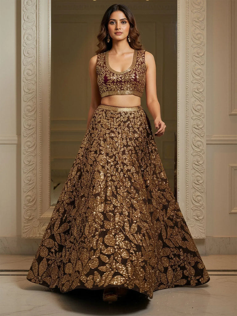 Mesmerizing Brown Sequins Net Reception Wear Plus Size Lehenga Choli