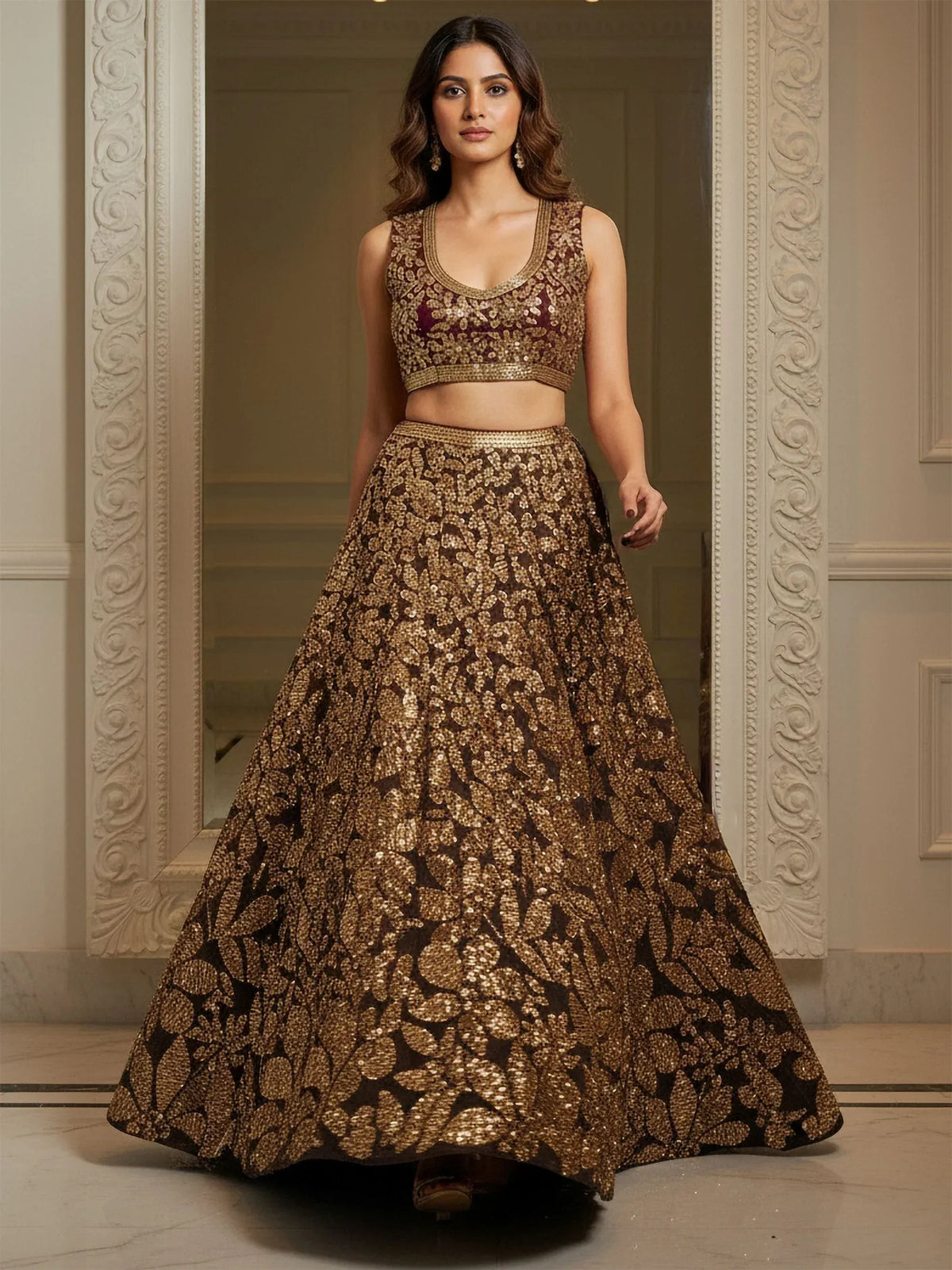 Mesmerizing Brown Sequins Net Reception Wear Plus Size Lehenga Choli
