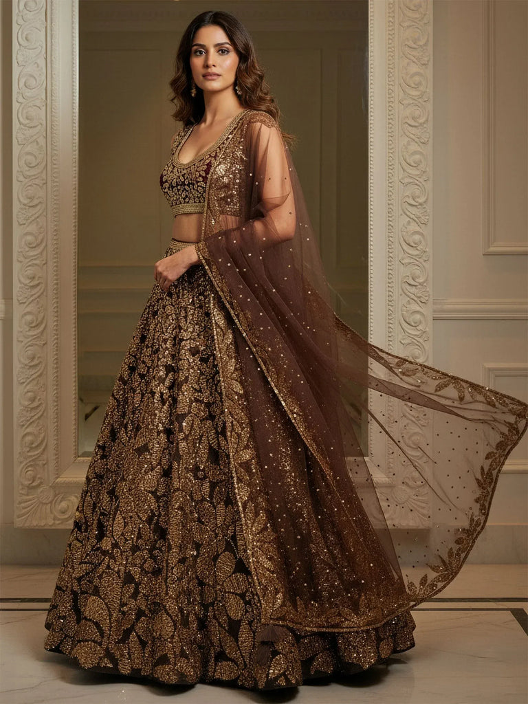 Mesmerizing Brown Sequins Net Reception Wear Plus Size Lehenga Choli