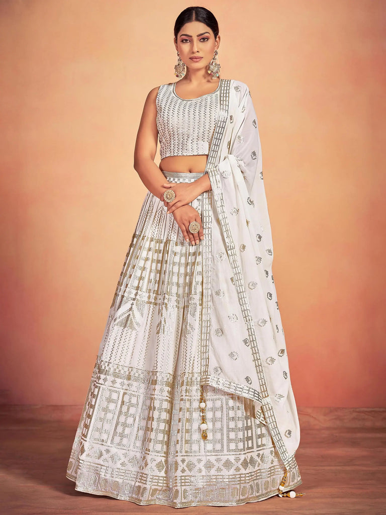 Gorgeous White Sequins Georgette Wedding Lehenga Choli With Dupatta