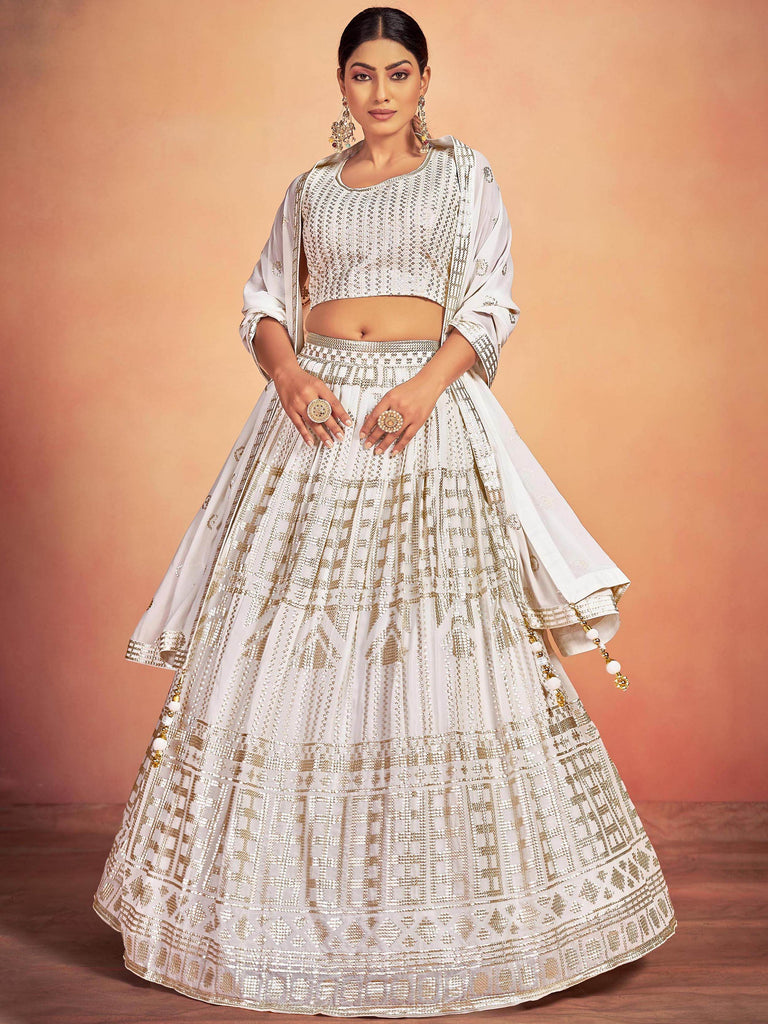 Gorgeous White Sequins Georgette Wedding Lehenga Choli With Dupatta