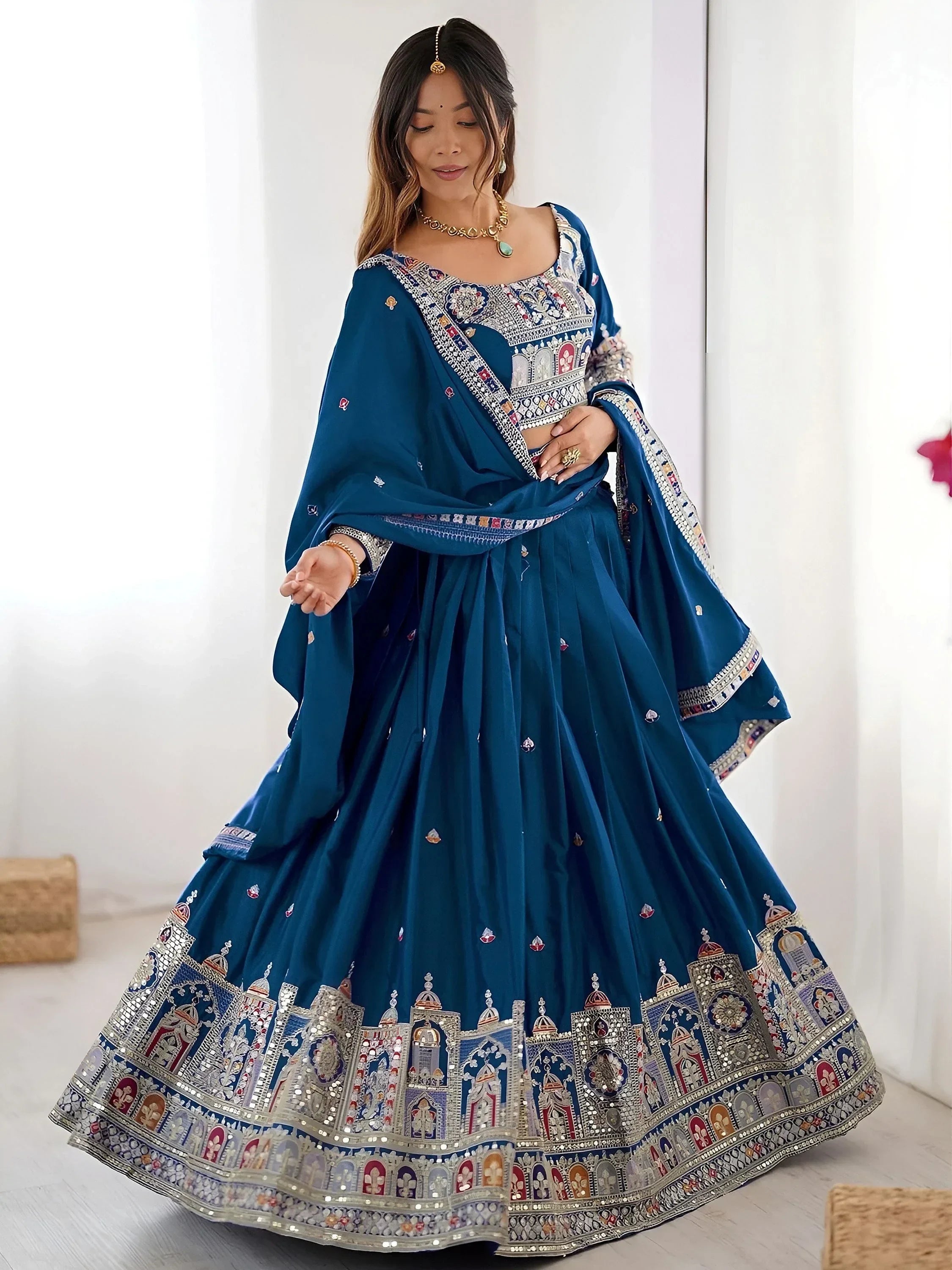 Beautiful Dove Blue Sequins Crepe Wedding Lehenga Choli With Dupatta