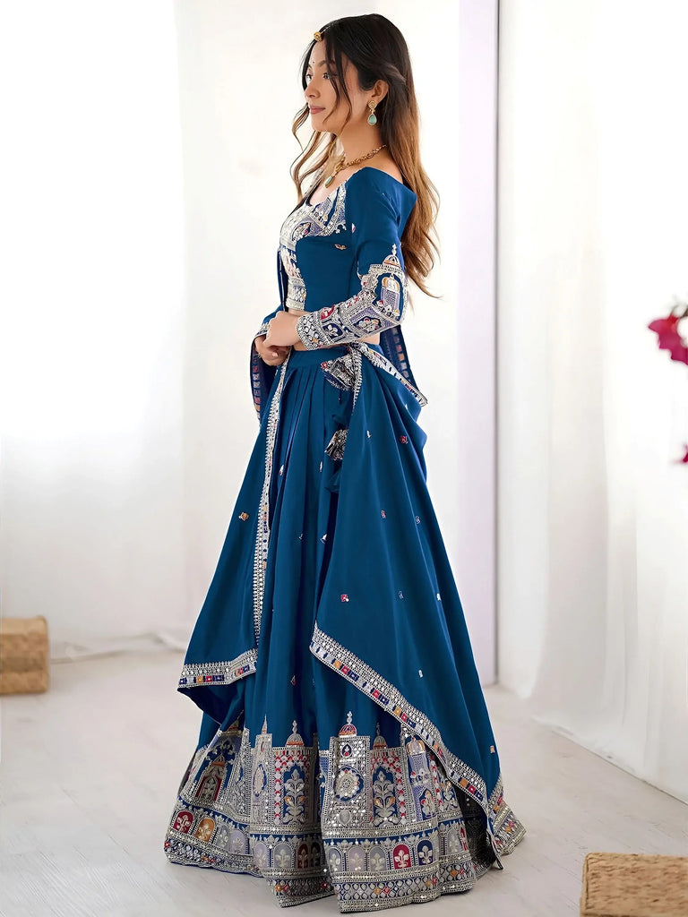 Beautiful Dove Blue Sequins Crepe Wedding Lehenga Choli With Dupatta