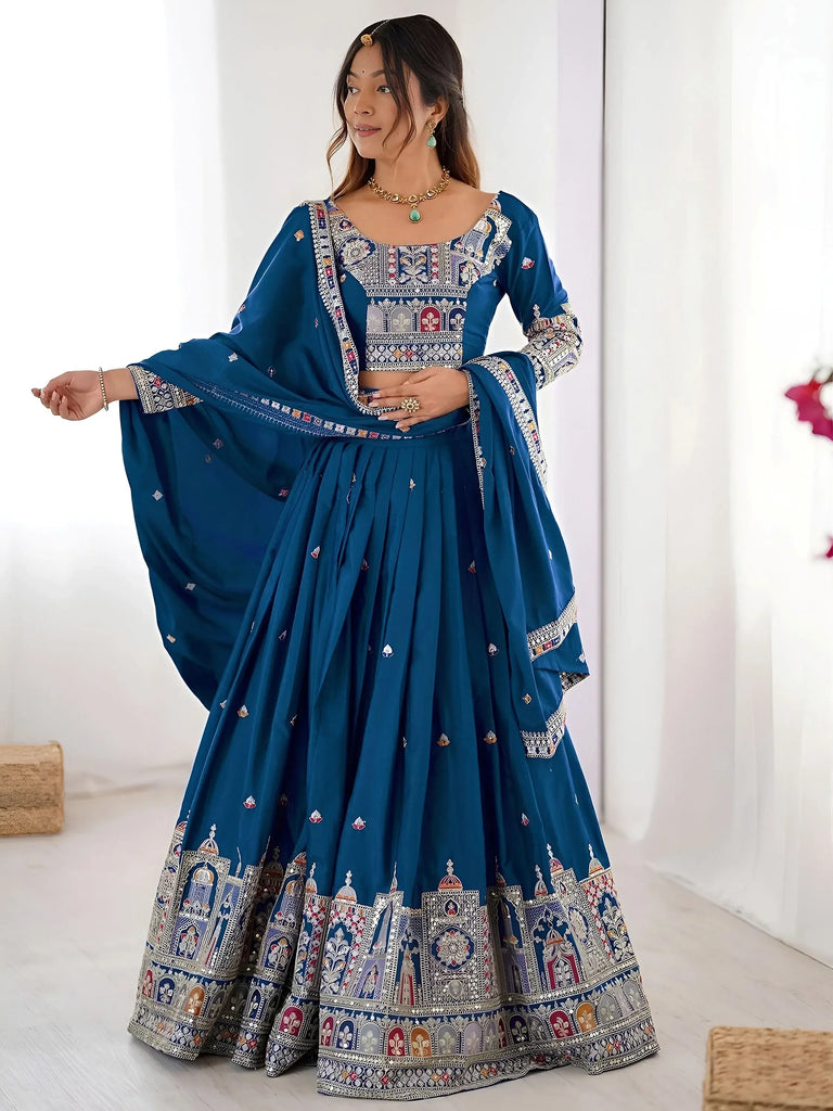 Beautiful Dove Blue Sequins Crepe Wedding Lehenga Choli With Dupatta