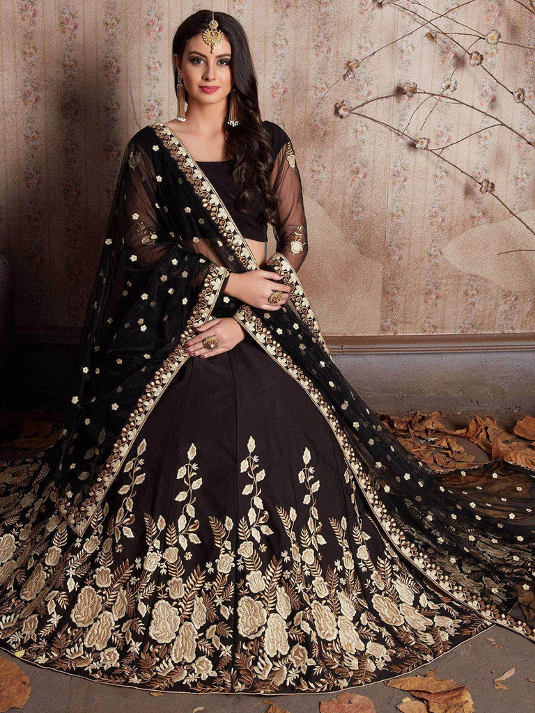 Black Embroidered Crape Silk Lehenga Choli
