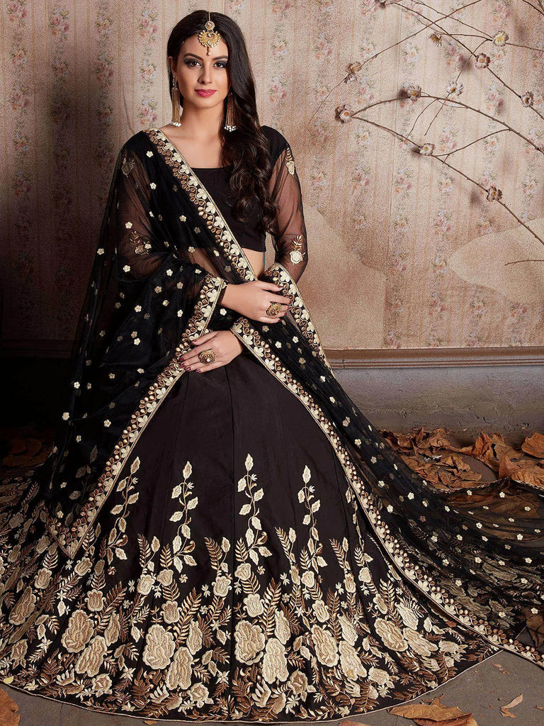 Glamorous Black Embroidered Silk Wedding Wear Plus Size Lehenga Choli 