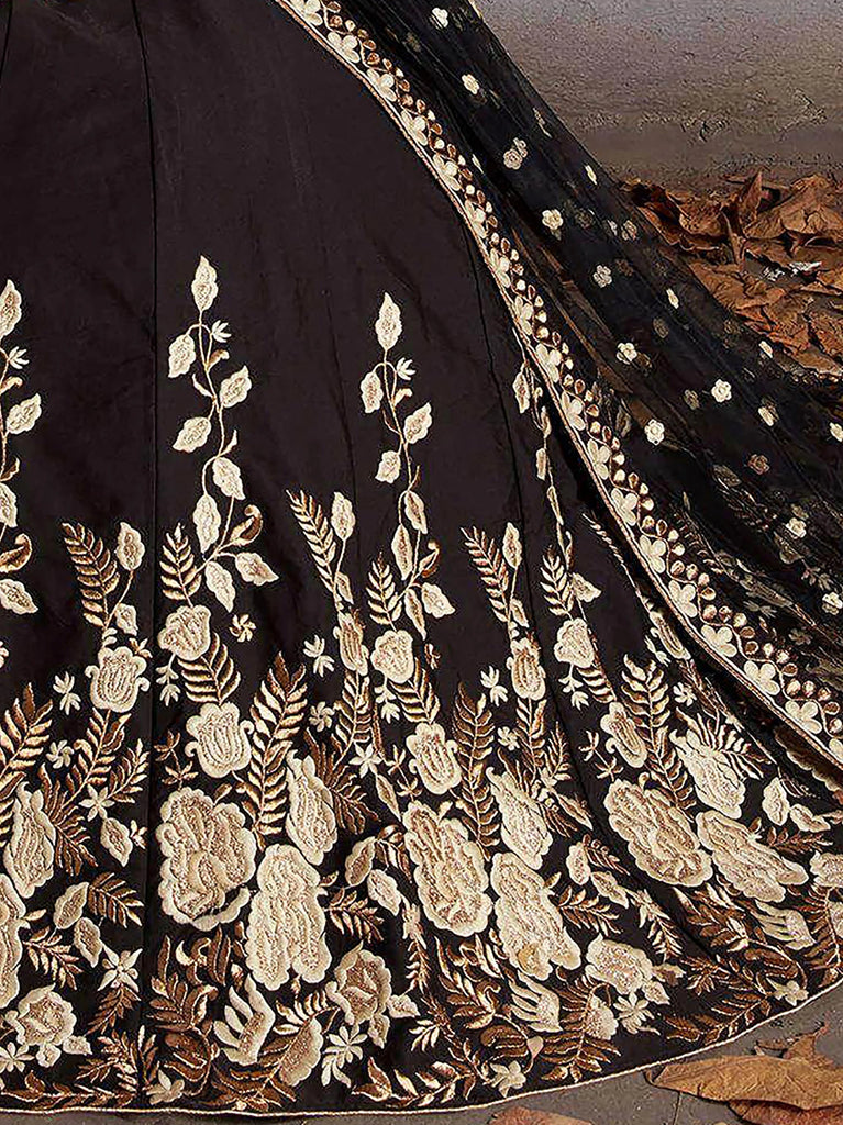 Glamorous Black Embroidered Silk Wedding Wear Plus Size Lehenga Choli 