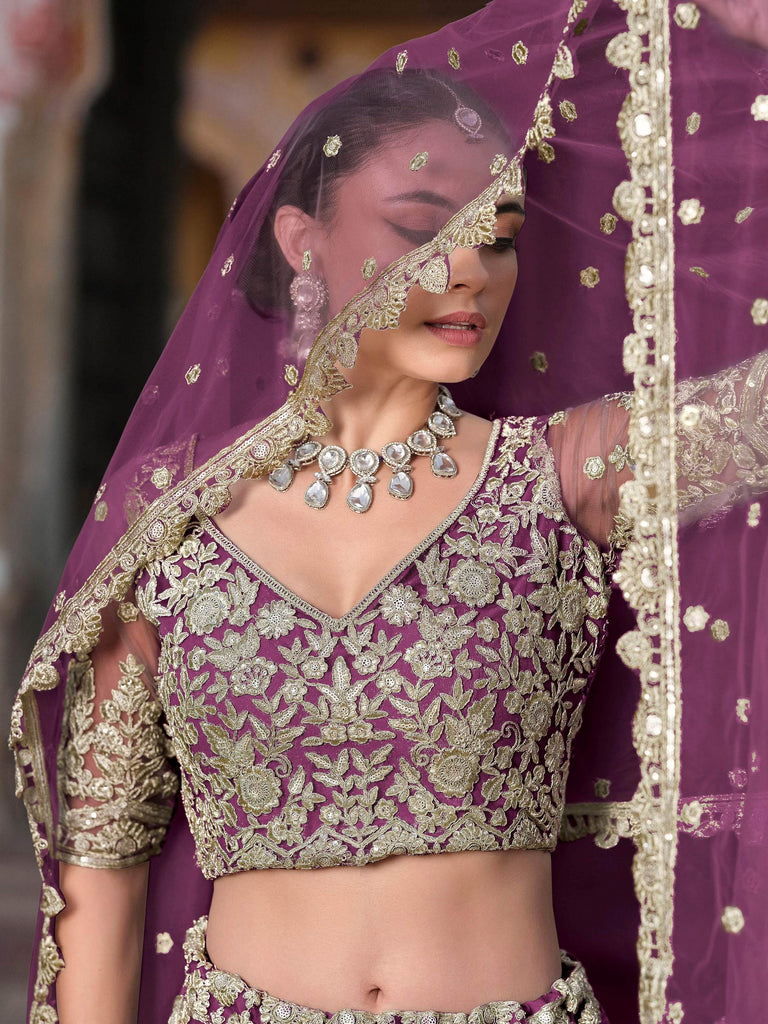 Lovable Purple Embroidered Net Engagement Wear Lehenga Choli