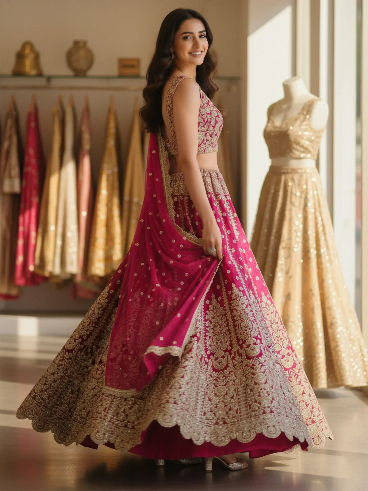 Woman in pink and gold embroidered lehenga choli, perfect for Indian weddings and festive occasions.