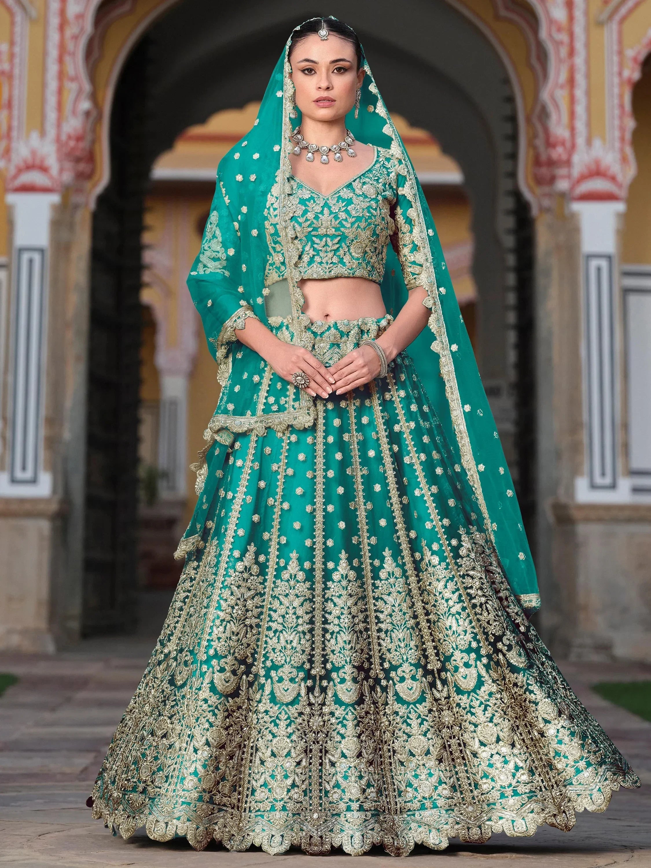 Amazing Teal Green Sequins Net Wedding Lehenga Choli With Dupatta