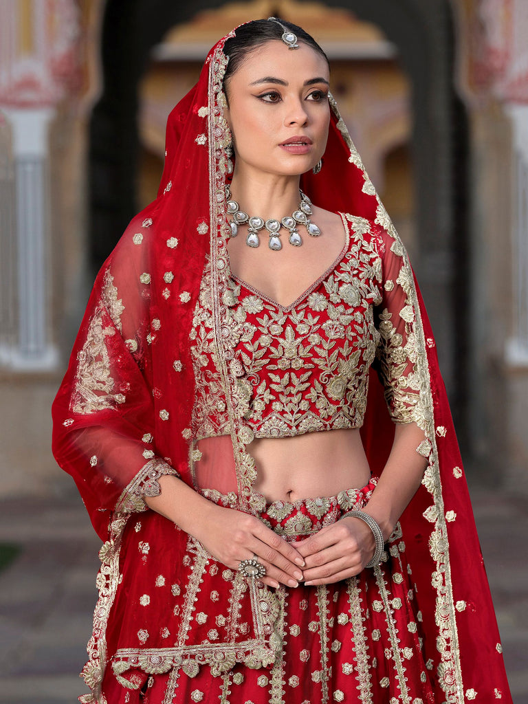 Gorgeous Red Zari Work Net Bridal Wear Lehenga Choli With Dupatta