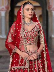 Gorgeous Red Zari Work Net Bridal Wear Lehenga Choli With Dupatta
