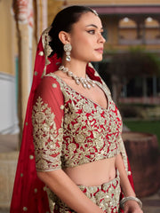 Gorgeous Red Zari Work Net Bridal Wear Lehenga Choli With Dupatta