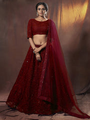 Amazing Maroon Thread Work Net Reception Wear Lehenga Choli With Dupatta