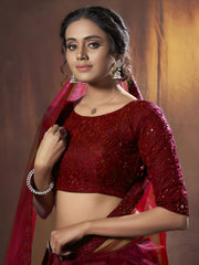 Amazing Maroon Thread Work Net Reception Wear Lehenga Choli With Dupatta