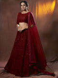 Amazing Maroon Thread Work Net Reception Wear Lehenga Choli With Dupatta