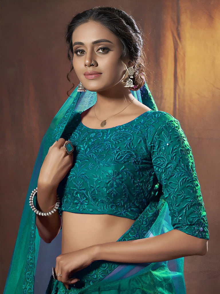 Spectacular Teal Green Sequins Net Party Wear Lehenga Choli With Dupatta