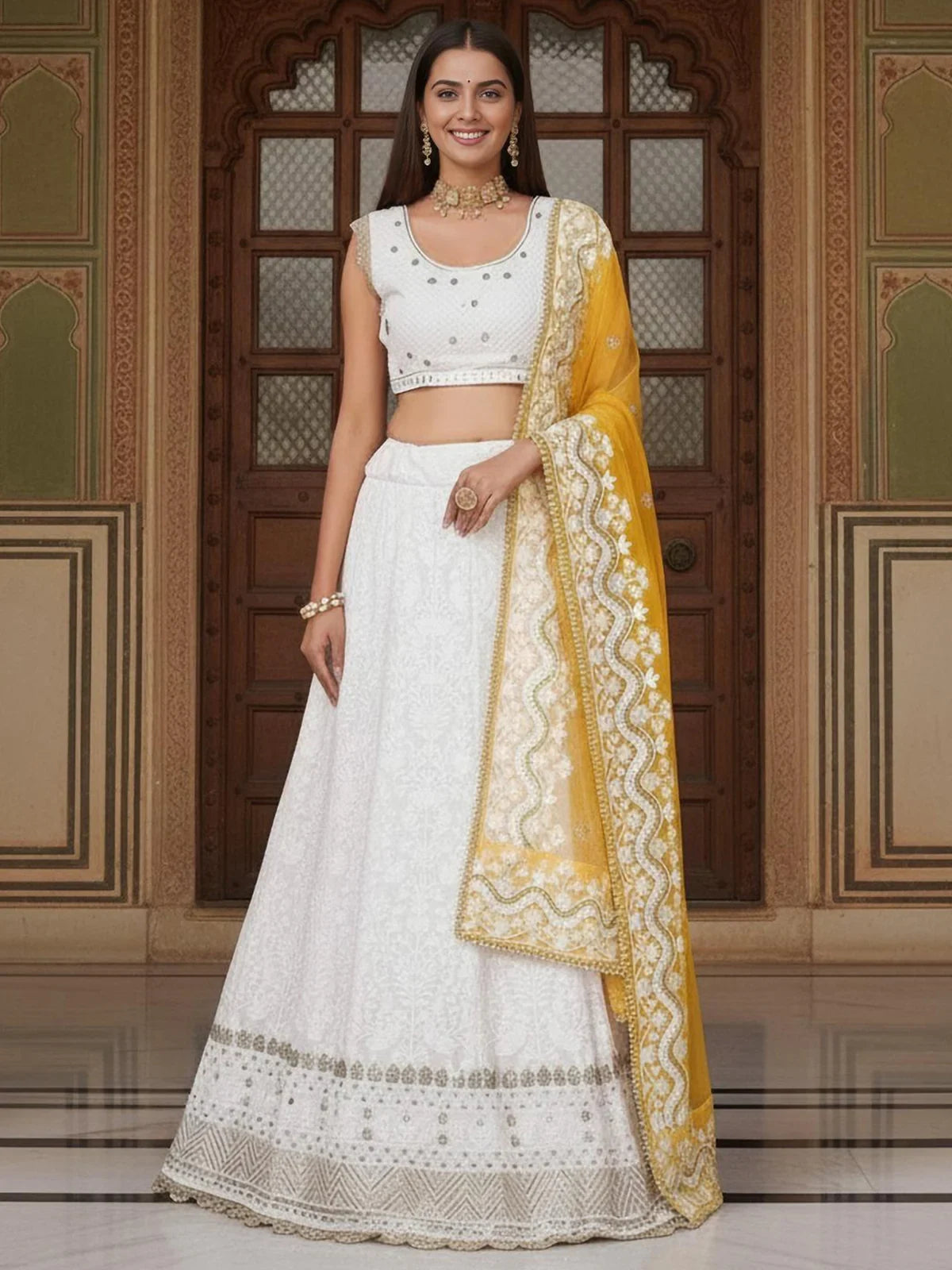 Mesmerizing White Sequins Georgette Bollywood Lehenga Choli With Dupatta