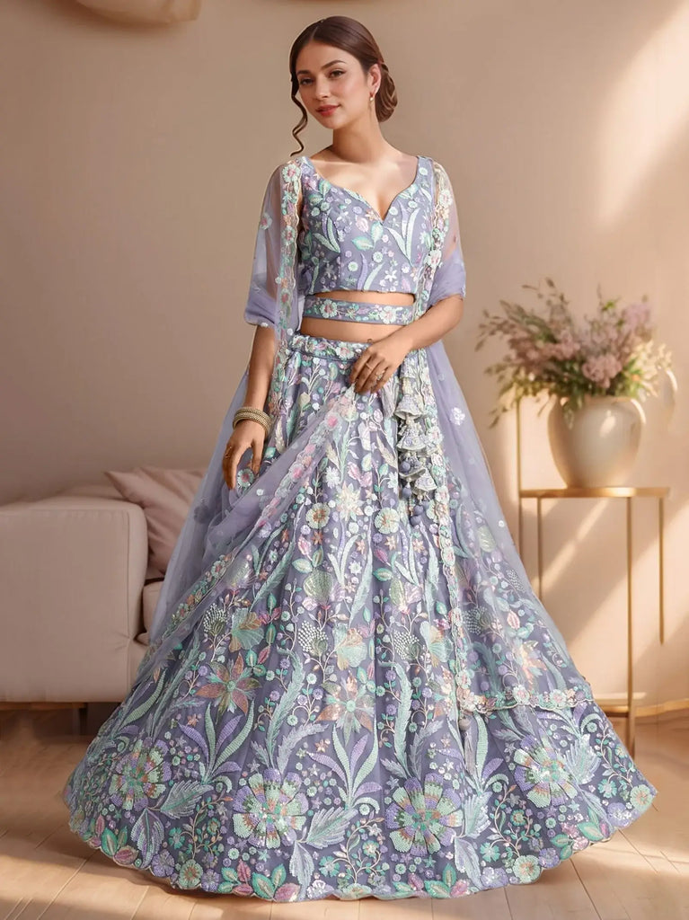 Astonishing Lavender Embroidered Net Designer Lehenga Choli With Dupatta