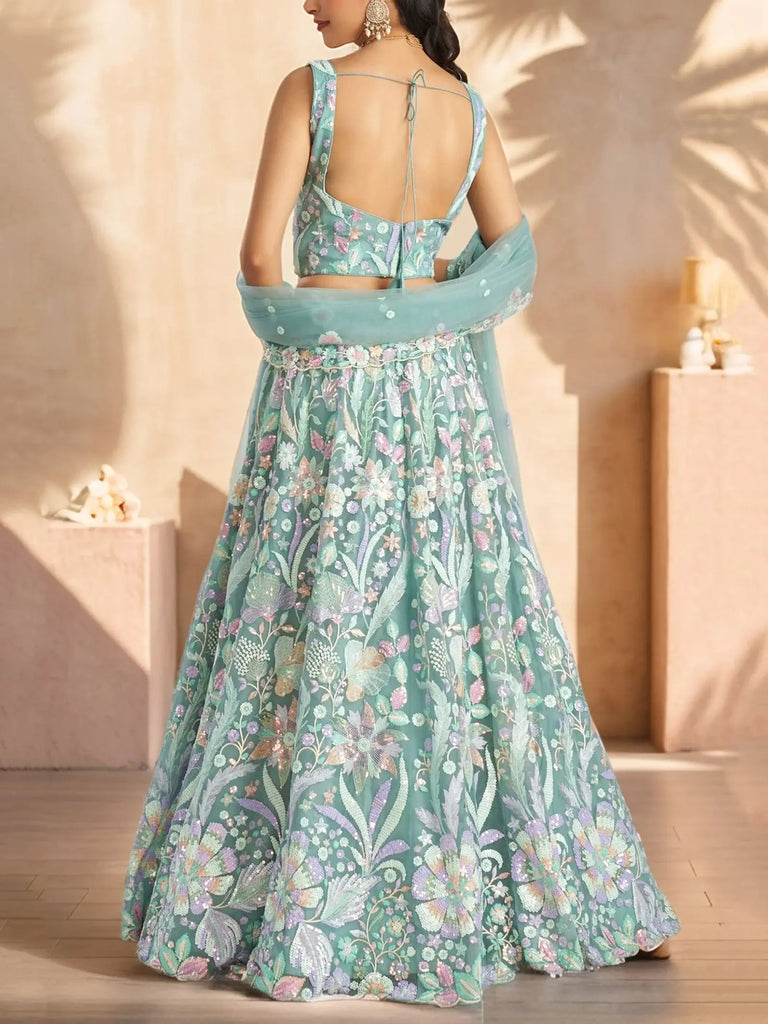 Dazzling Sky-Blue Sequins Net Engagement Wear Lehenga Choli