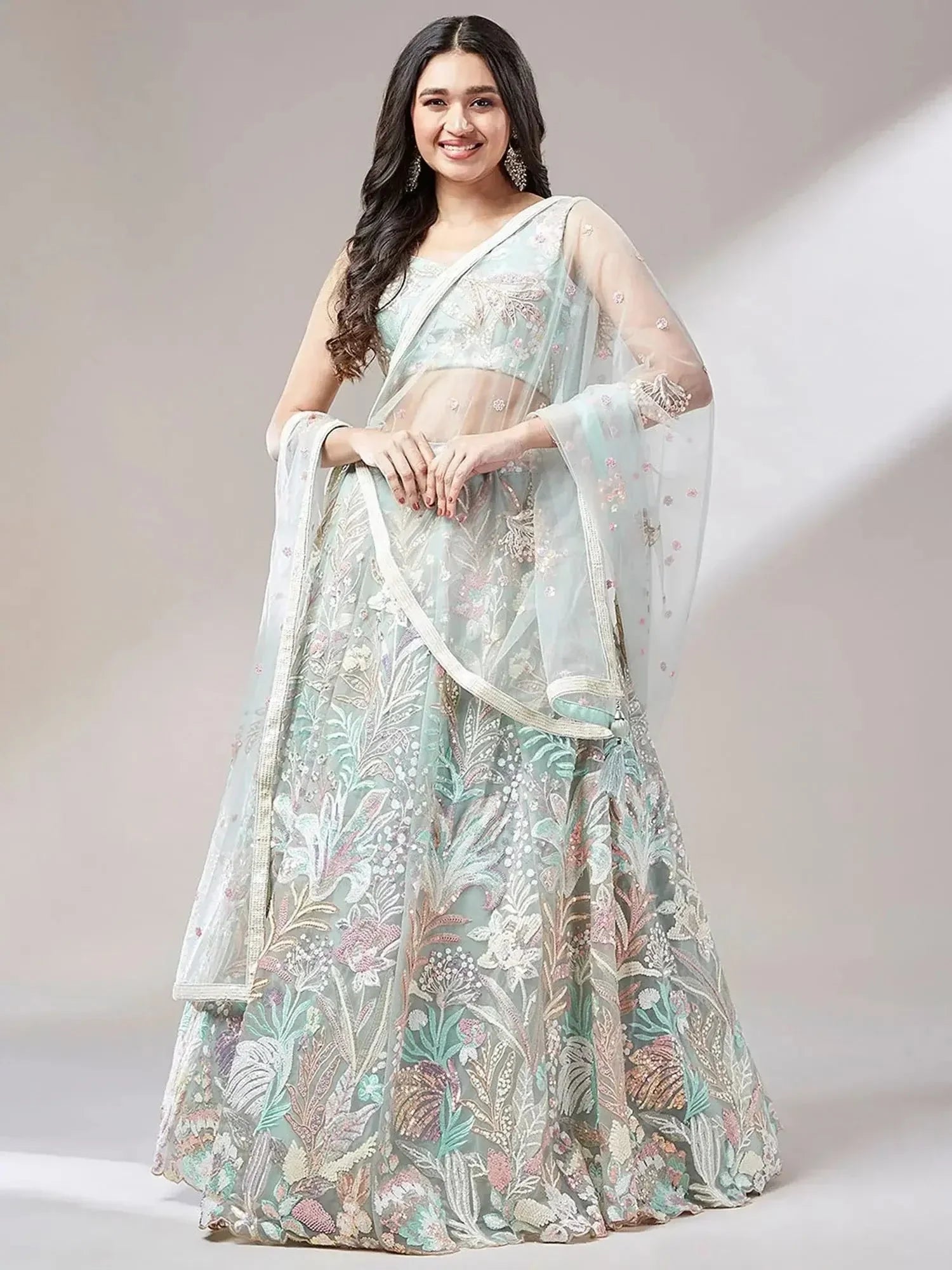 Adoring Pista Green Sequins Net Wedding Wear Plus Size Lehenga Choli