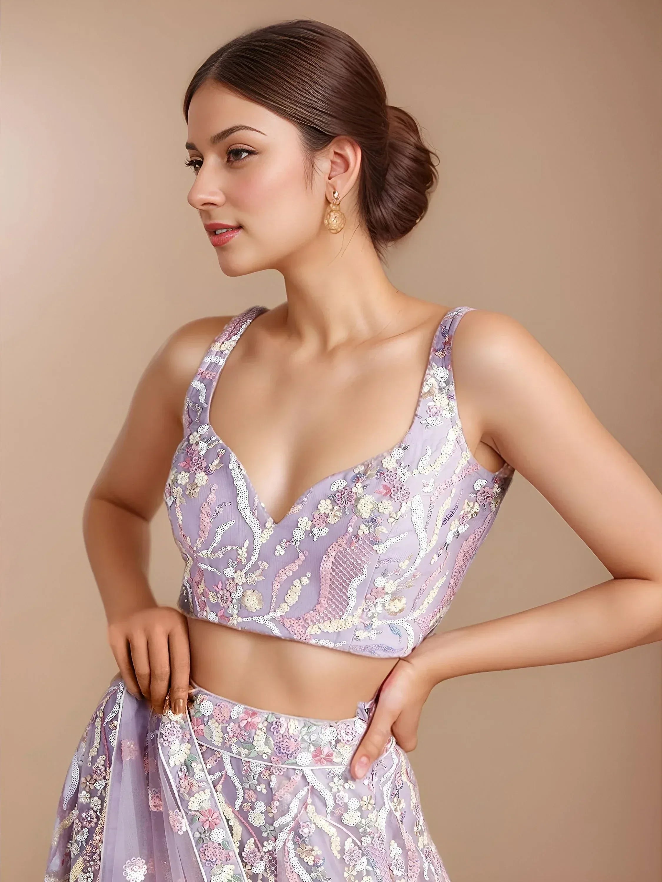 Lavender floral embroidered lehenga choli with sequin detailing, perfect for Indian ethnic occasions