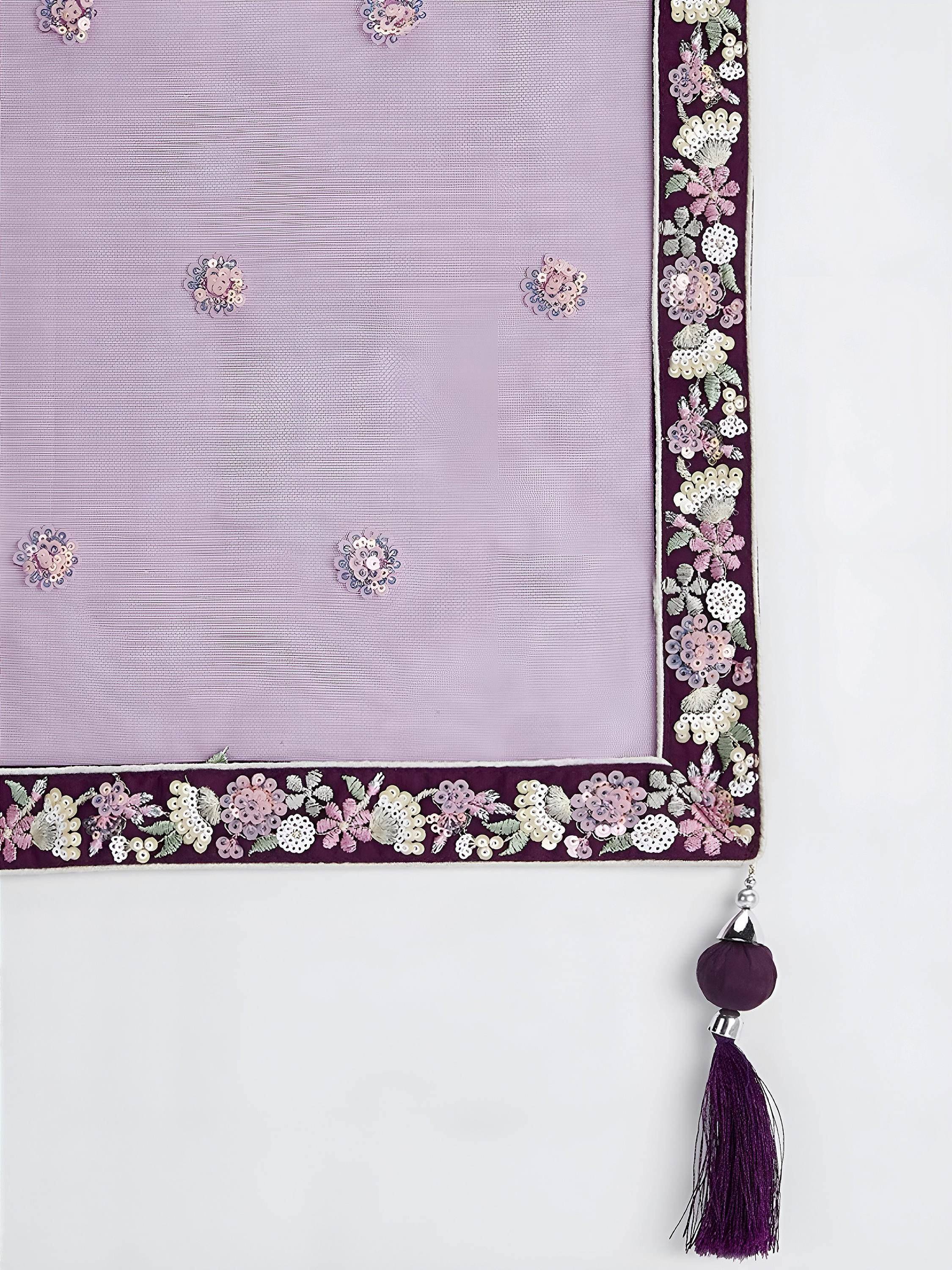 Lavender ethnic dupatta with floral sequin embroidery and purple tassel border