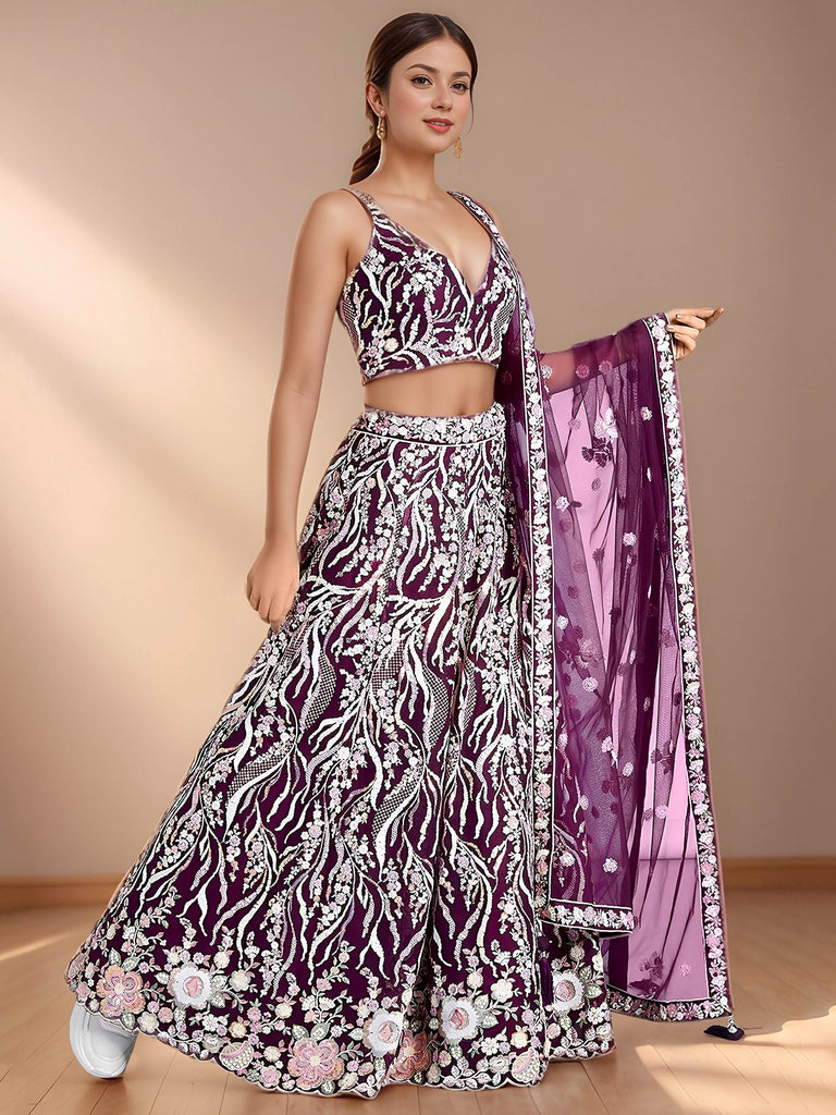 Elegant Purple Sequins Net Reception Wear Lehenga Choli With Dupatta